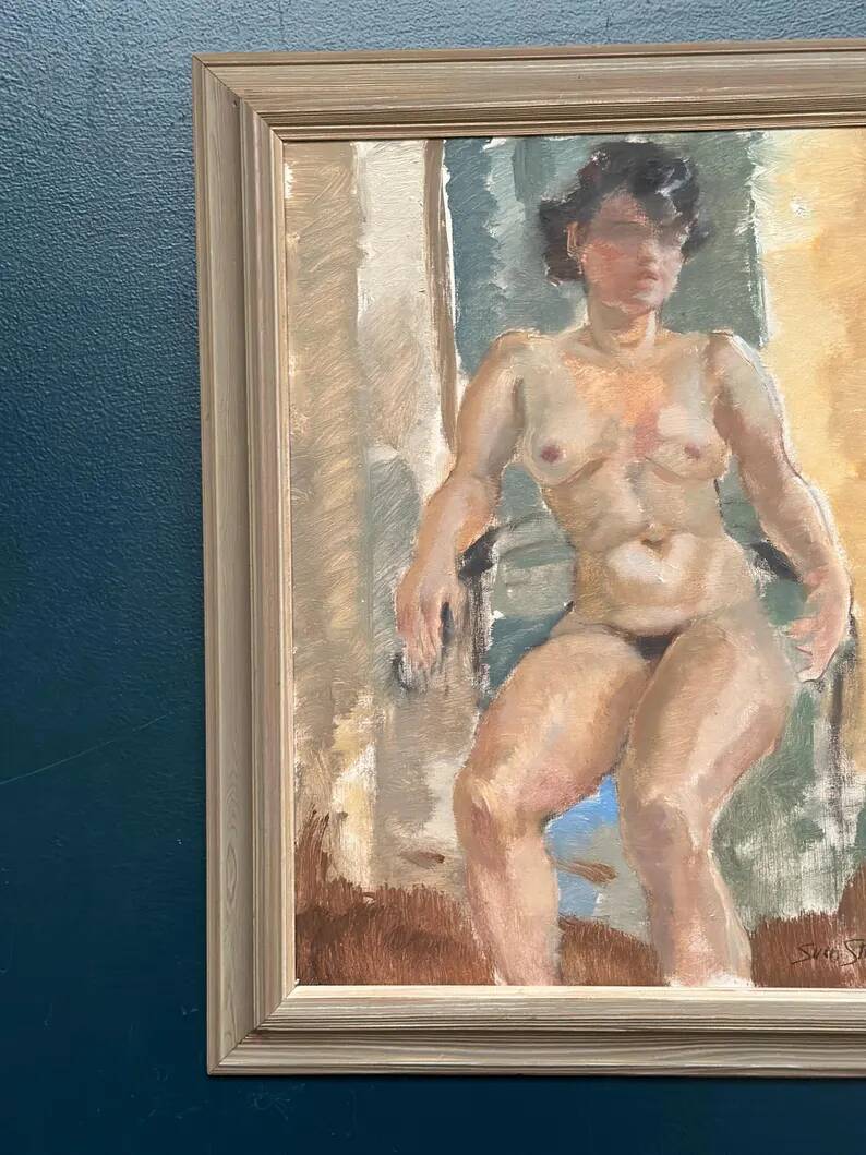 Huile sur toile originale – “Dame assise” par Sven Strömberg – Signée – Vintage et encadrée