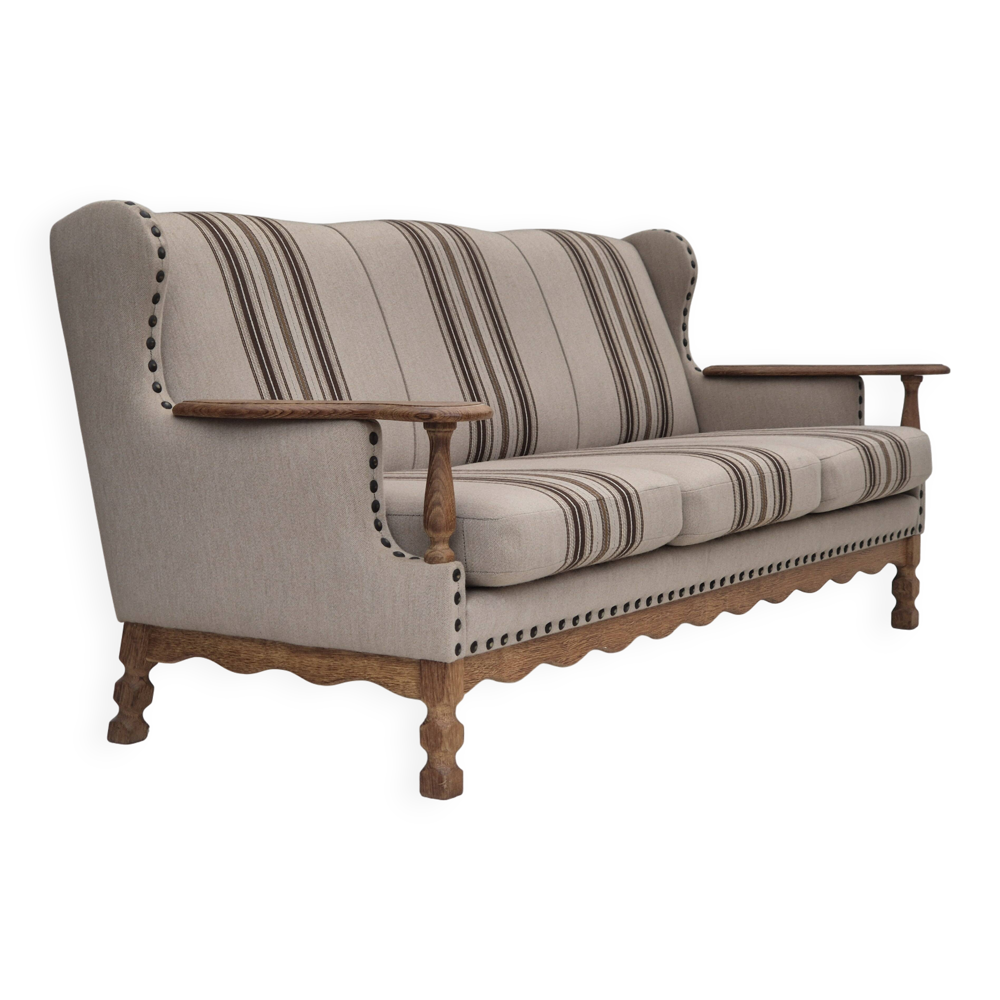 1970s, Danish 3-seater sofa, furniture wool fabric, oak wood, original.