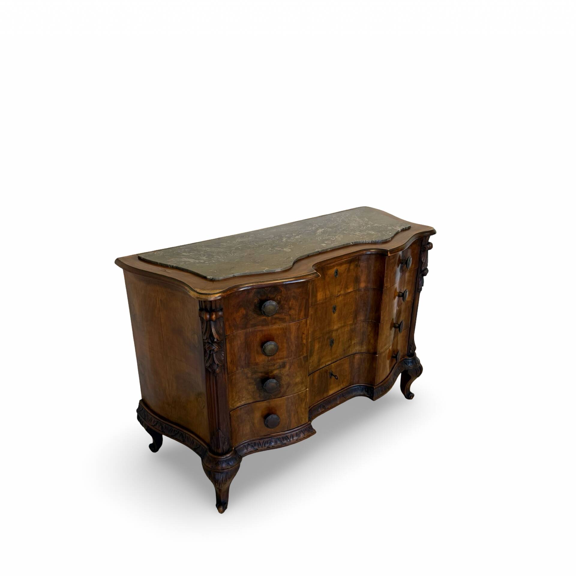 serpentine commode in antique walnut