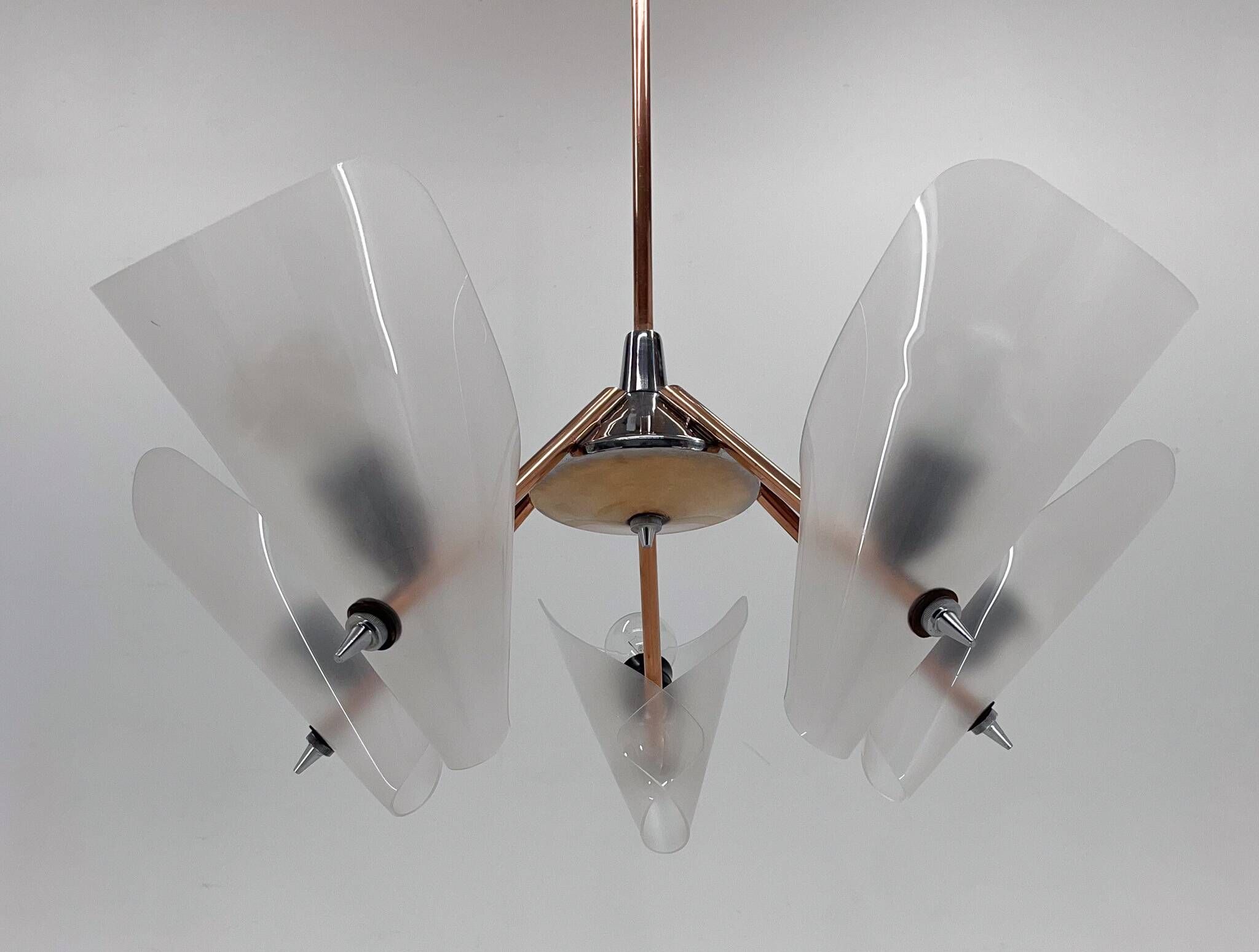 Mid-century chrome, copper & plastic chandelier by drukov, 1970s / 2 pieces avl