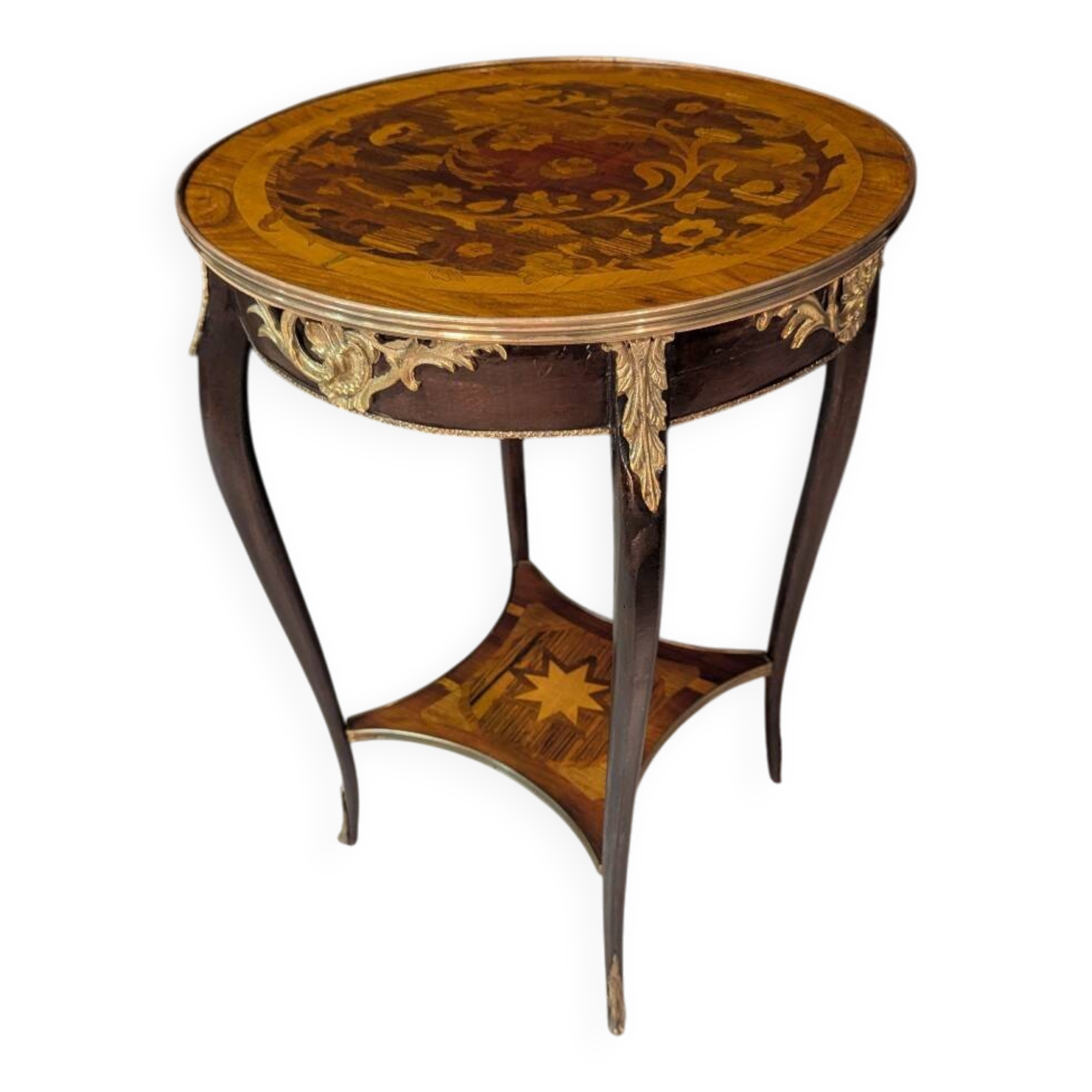 Louis XV style gueridon with floral marquetry.