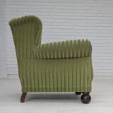 1950s, Danish relax armchair, green furniture velour fabric, ash wood legs.