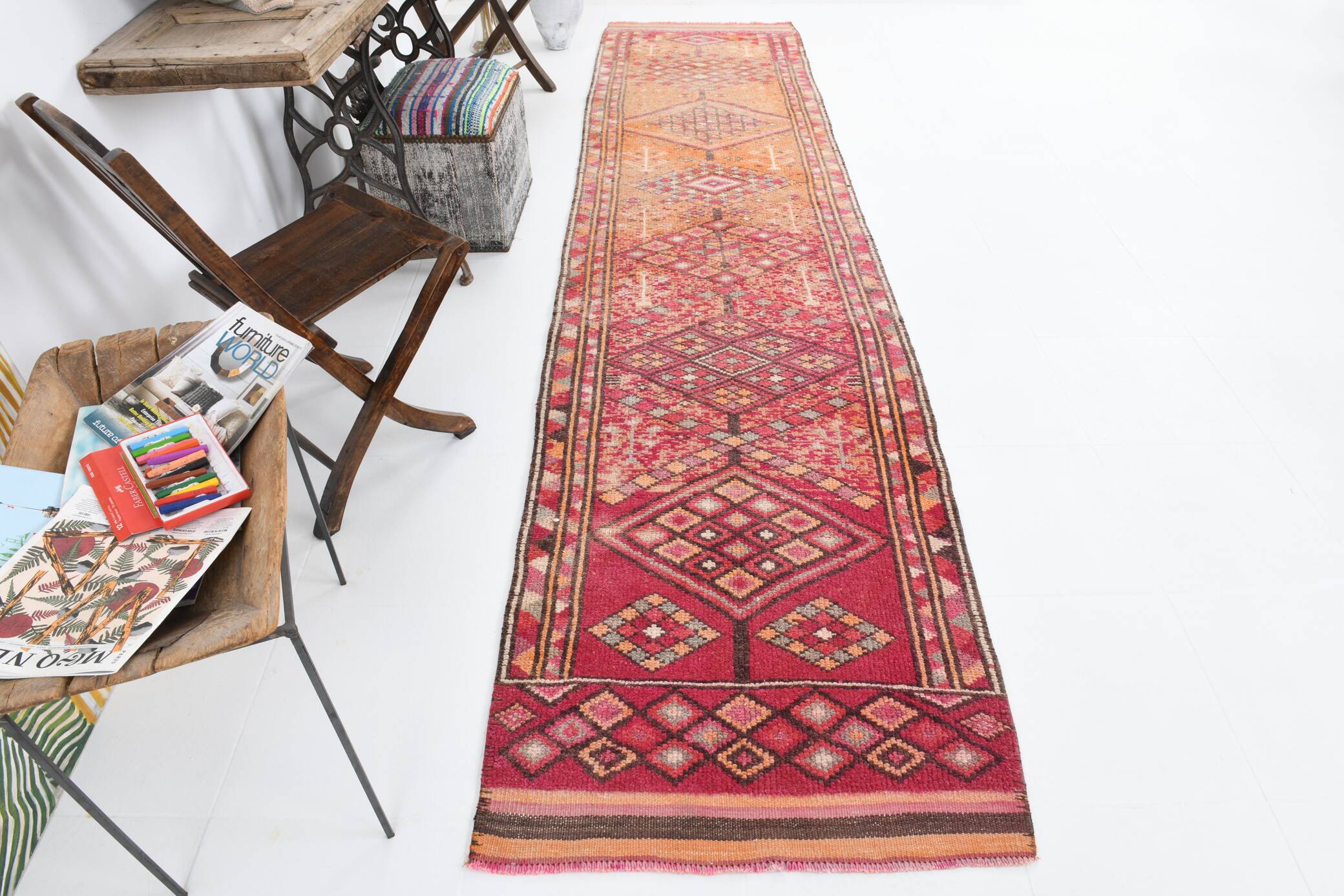 3x12 Red Orange Vintage Runner Rug, 89x373Cm