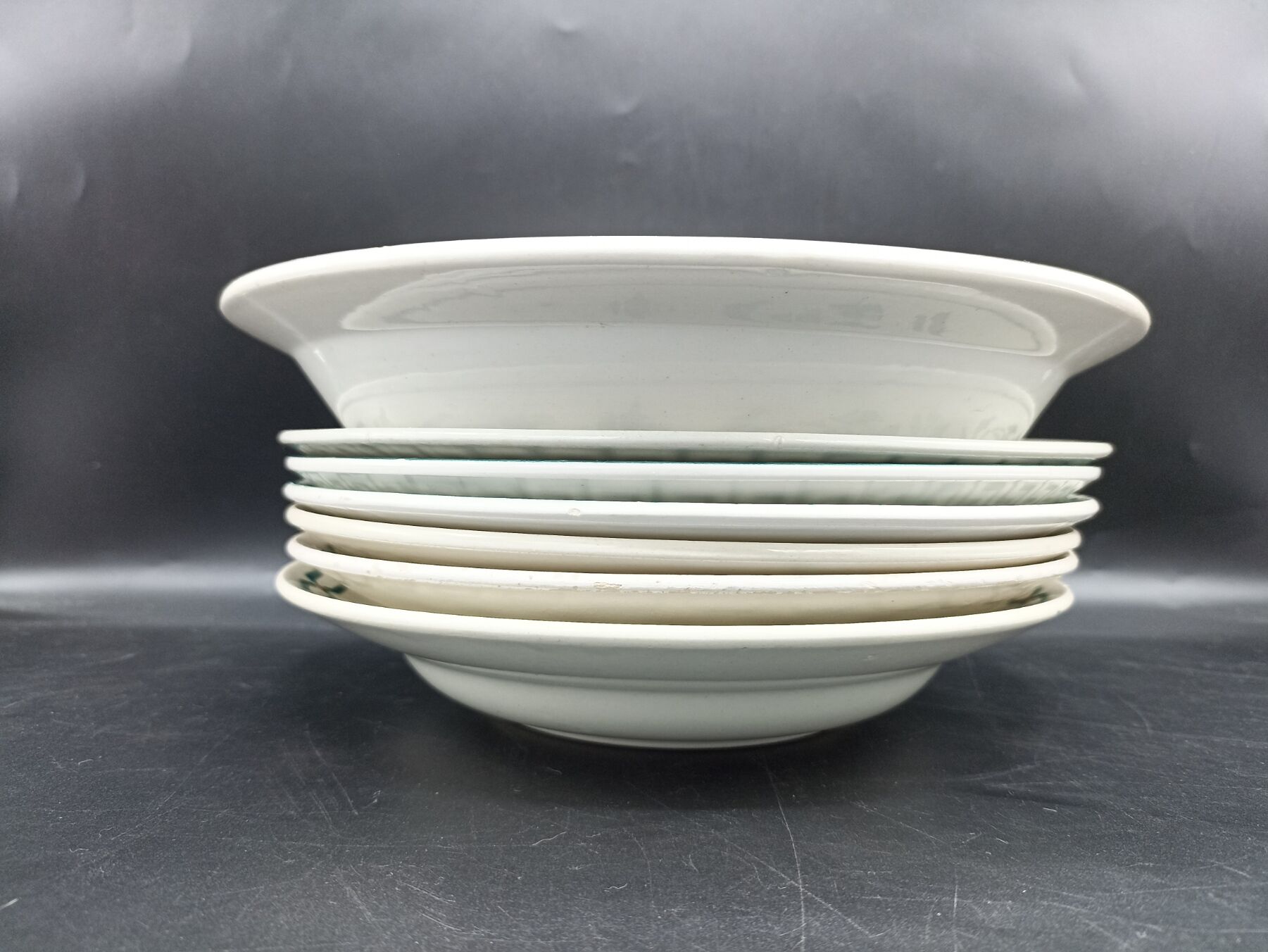 Mismatched set of old plates + dish - Green