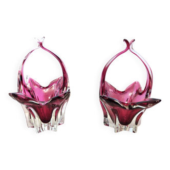 Pair of Pink Murano Glass Bonbonnières / Trinket Bowls, Italy