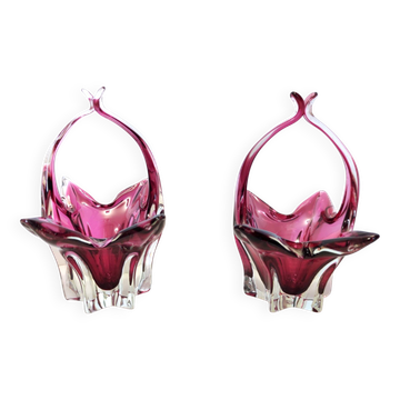 Paire de bonbonnières en verre de Murano rose, Italie