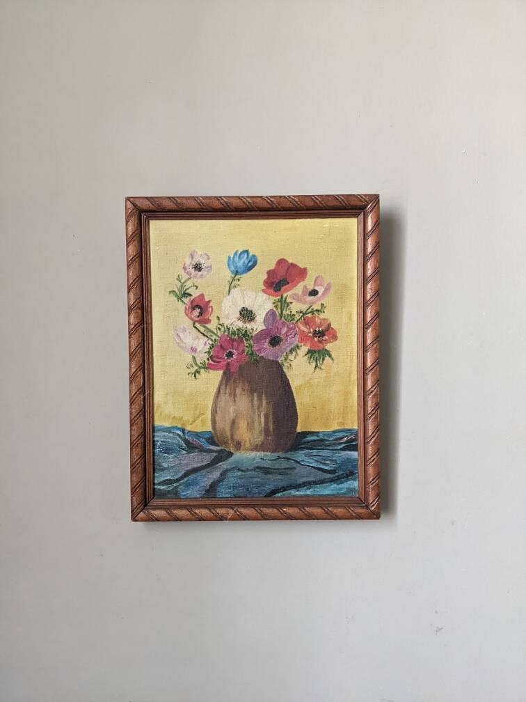 Acrylic painting on canvas, old still life, bouquet of flowers