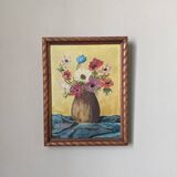 Acrylic painting on canvas, old still life, bouquet of flowers