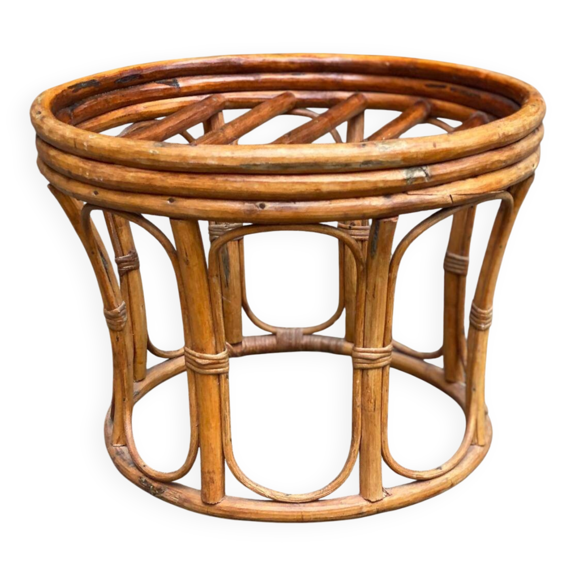 Vintage round woven bamboo pouf