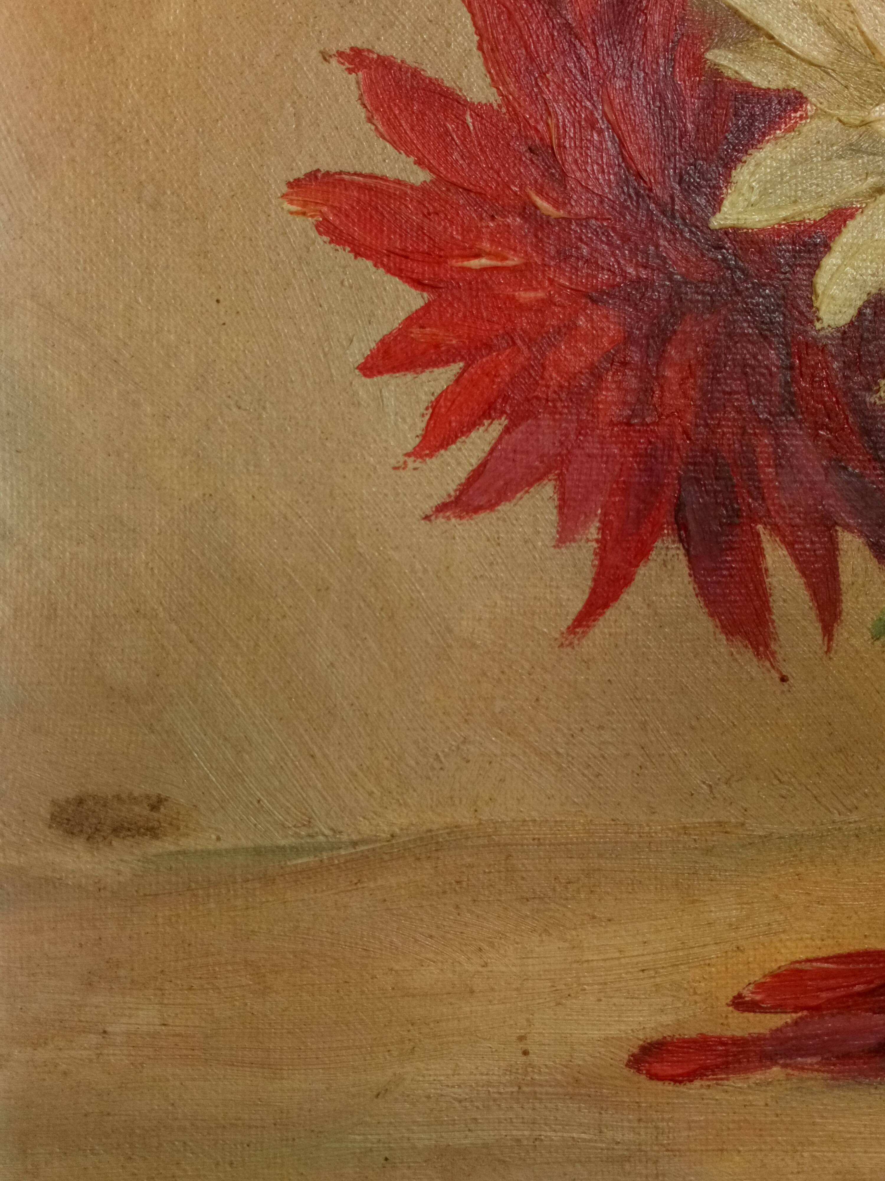 Oil on canvas vase with dalhias framed