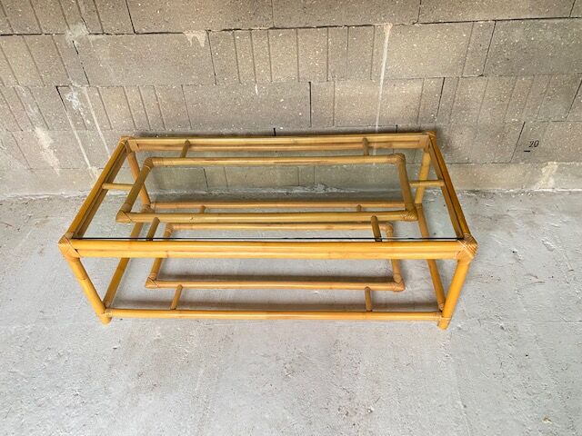Rattan coffee table vintage glass top 1970