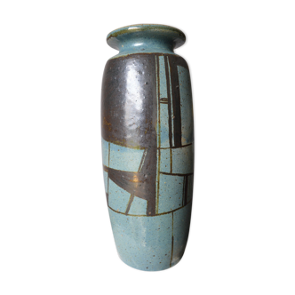 Vase en grès décor abstrait sur fond bleu