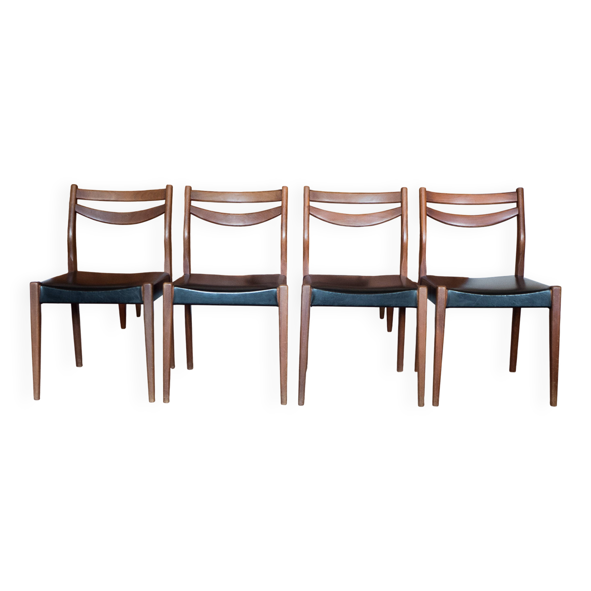 Set of 4 wooden and black faux leather chairs, Scandinavian style, wooden chair