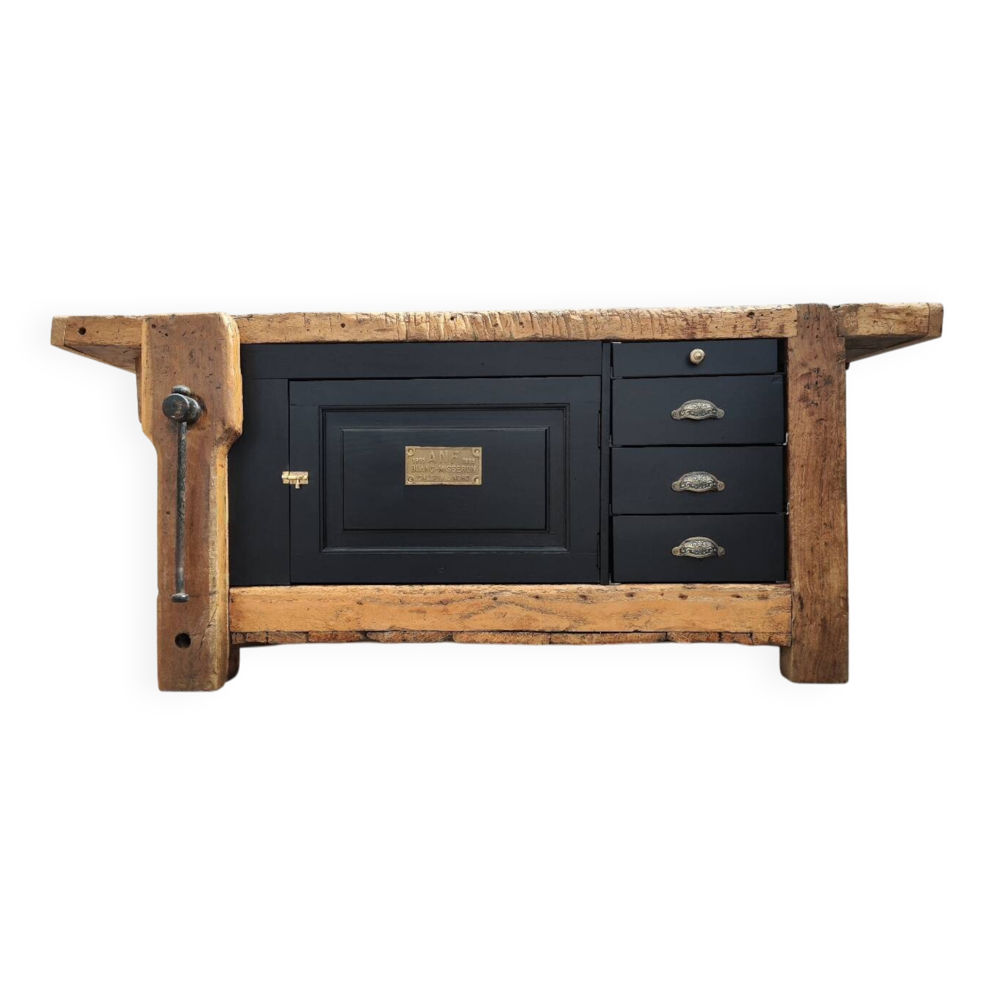 Old oak workbench cabinet with 1 door and 4 drawers