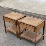 Pair of vintage bedside tables in rattan and caned wicker.