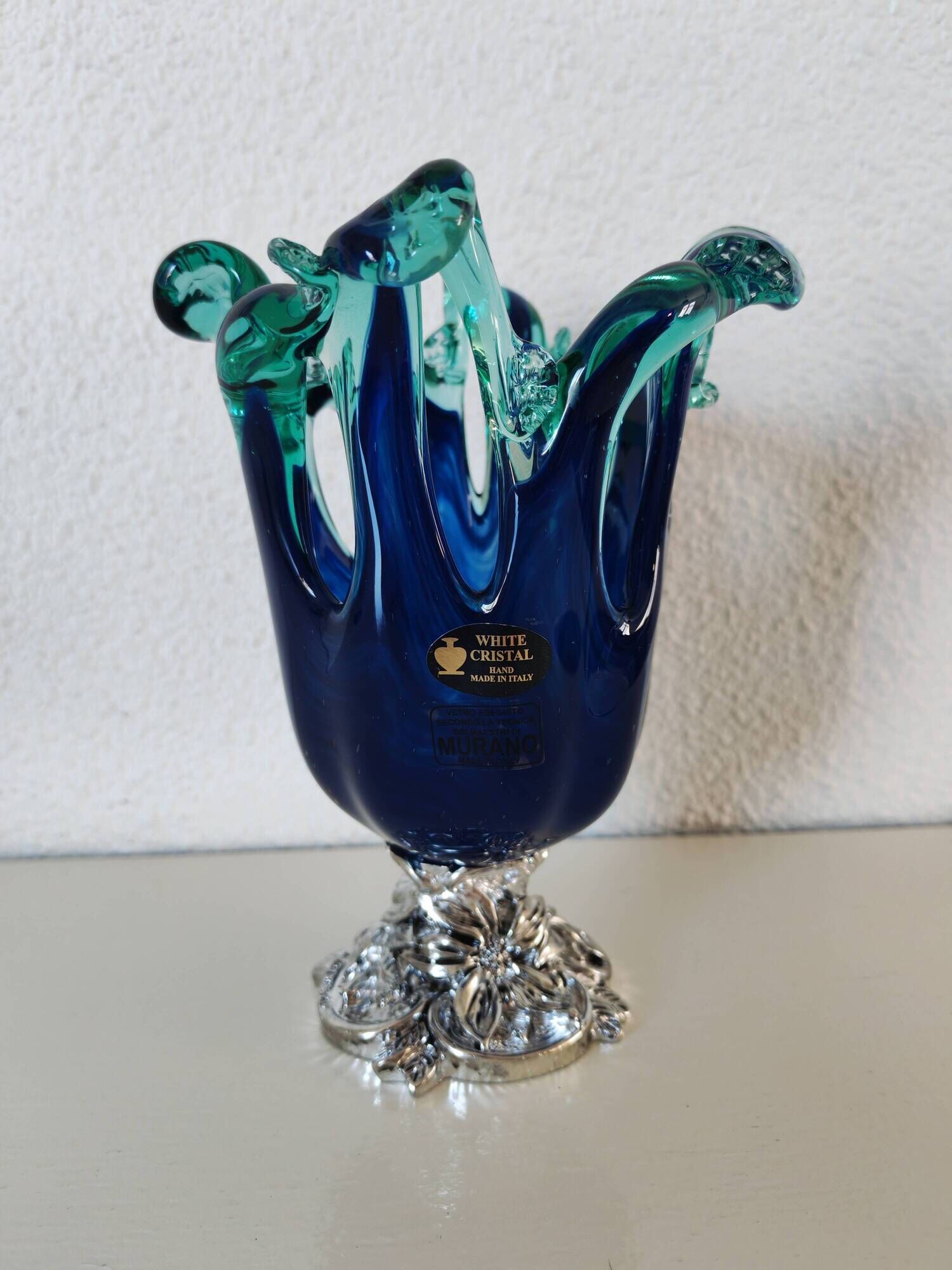 Cobalt blue & turquoise Murano vase - Italian blown glass - White Cristal