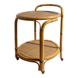 Vintage Dal Vera Bamboo Bar Cart, Italy 1970s, Beige Wood Tone with Rotin-et-Osier Cane Shelves