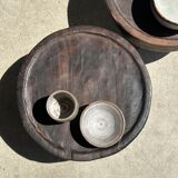 Small tripod stool low in dark brown upcycled teak