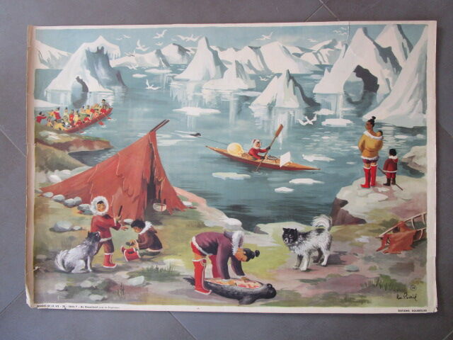 Old school pedagogical poster-in Greenland with Eskimos