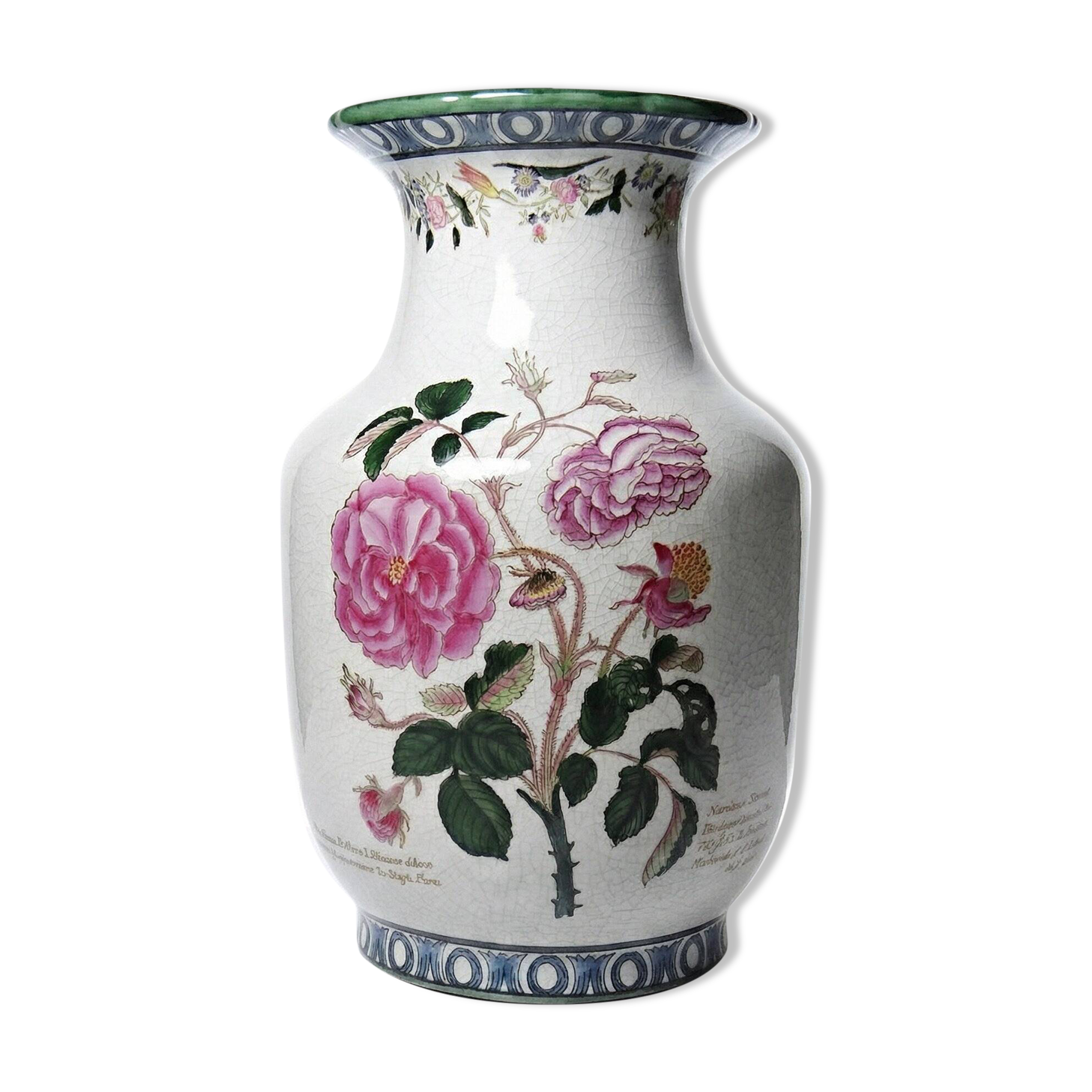 Impressive cracked earthenware vase with polychrome botanical decoration by Wong Lee, 1895, vintage.