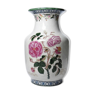 Impressive cracked earthenware vase with polychrome botanical decoration by Wong Lee, 1895, vintage.