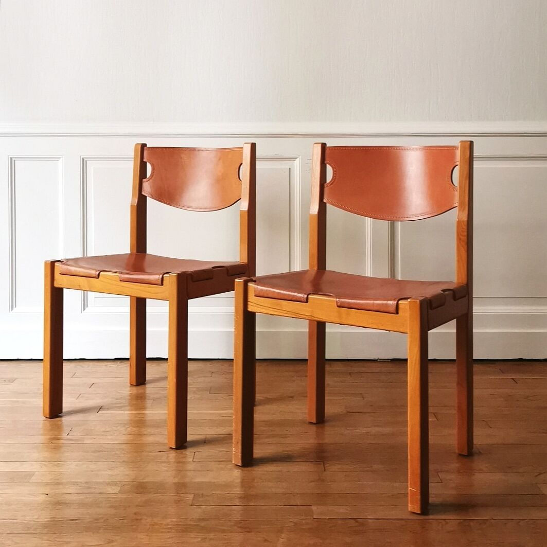 Paire de chaises orme et cuir Maison Regain