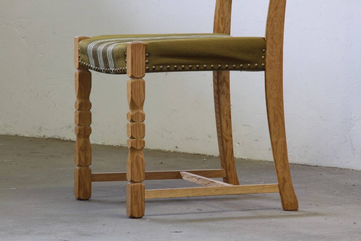 Vintage 1960s, brutalist Danish modern oak dining chairs by Henning Kjærnulf