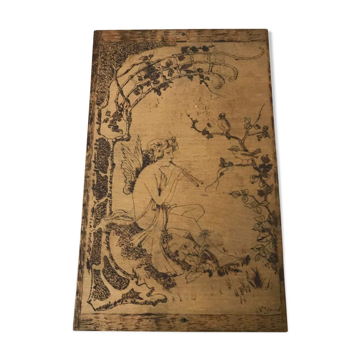 Art Nouveau panel in pyrograved wood signed Houal