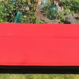 Vintage sofa 3 places convertible, red fabric and black skaï.1960s.