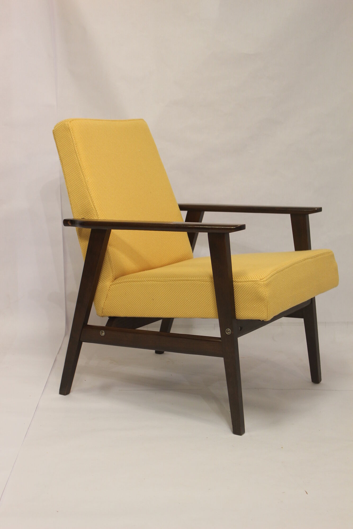 Armchair Henryk Lis 300-190 years 1970 yellow fabric Pierre Frey.