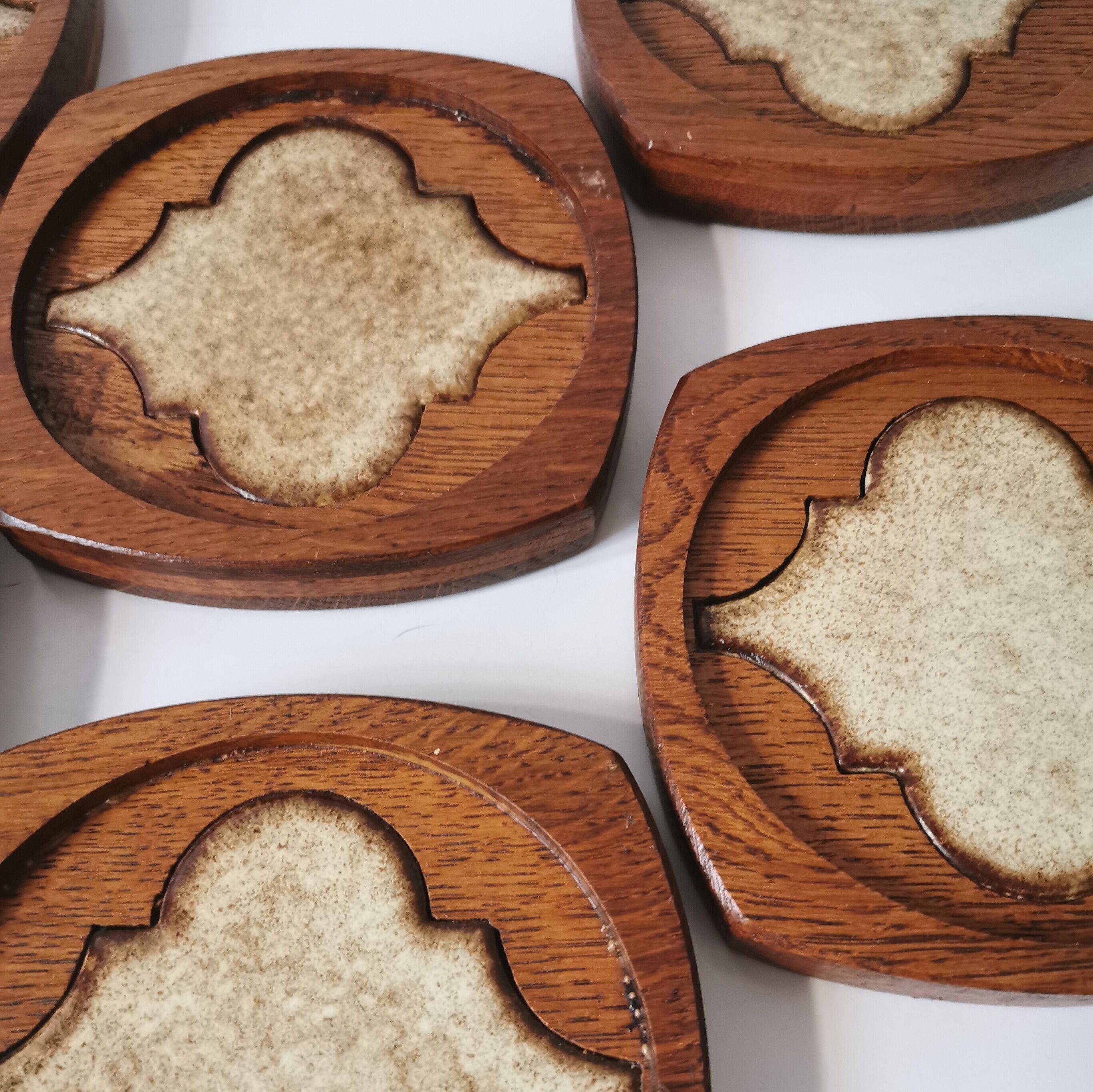 6 oak and ceramic coasters, 1950
