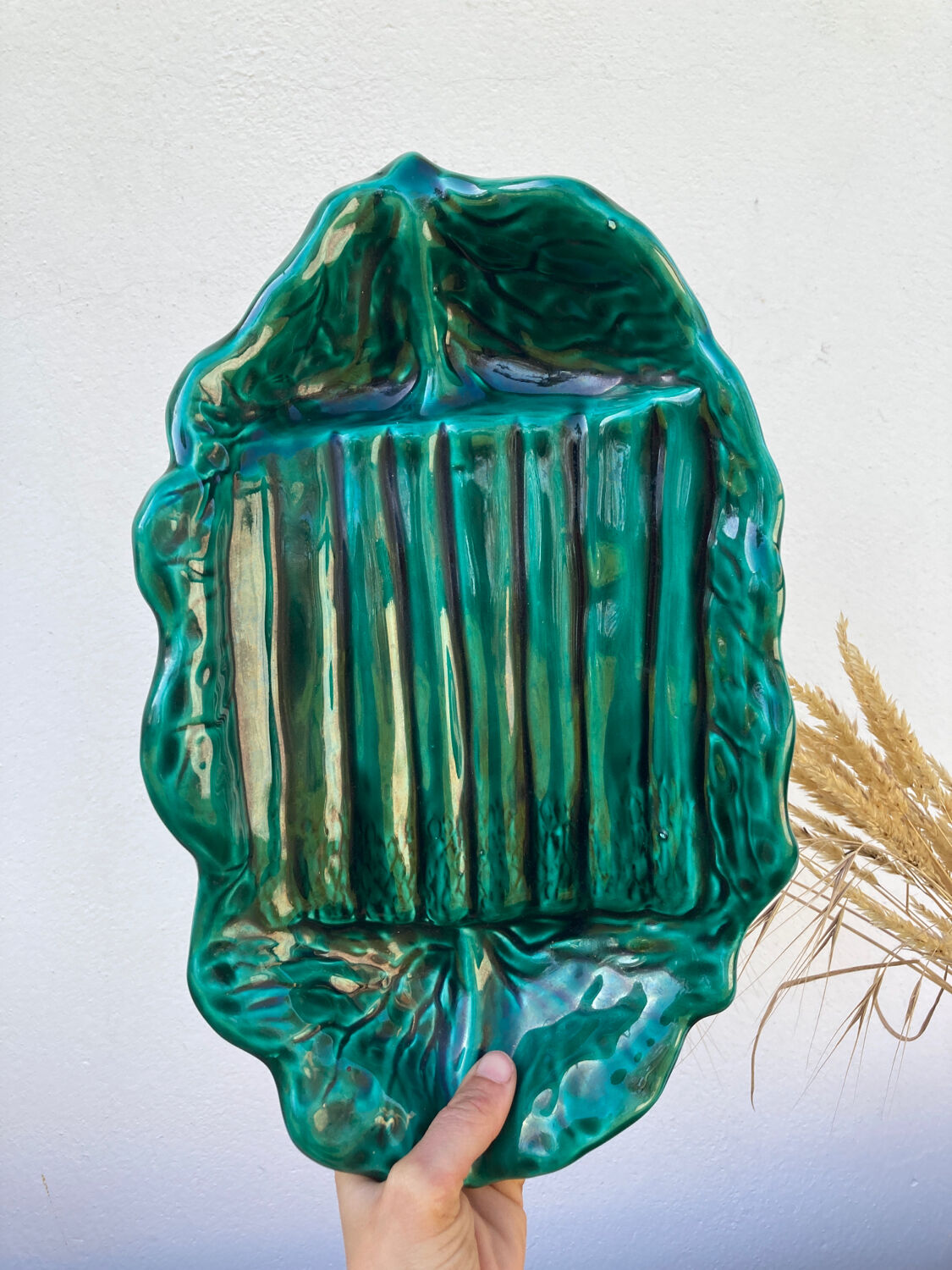 Vallauris dish in vintage asparagus green ceramic slip