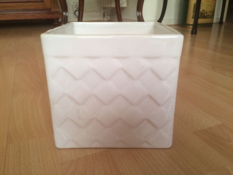 Square pot cover terra cotta enamelled white vintage