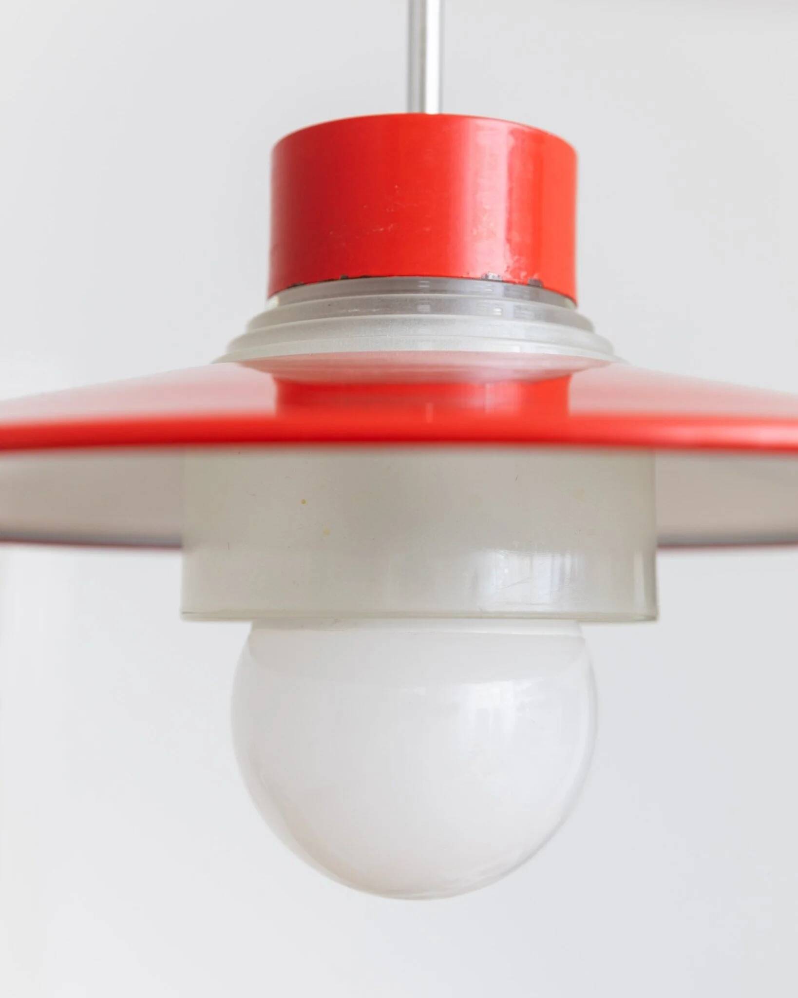 Red metal and glass Danish ceiling light, mid-century Memphis-inspired pendant with opal globe