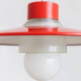 Red metal and glass Danish ceiling light, mid-century Memphis-inspired pendant with opal globe