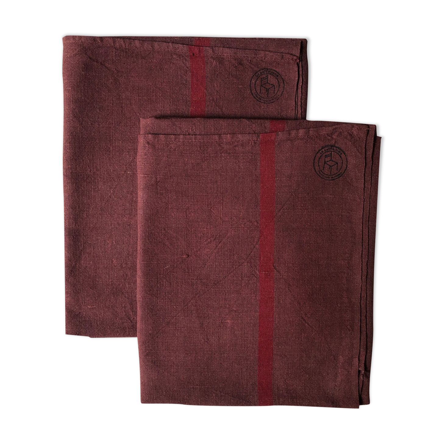 Set of two old tea towels in pure linen tinted in burgundy