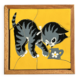 Wooden frame puzzle from the 1940s/50s depicting a cat on a yellow background.