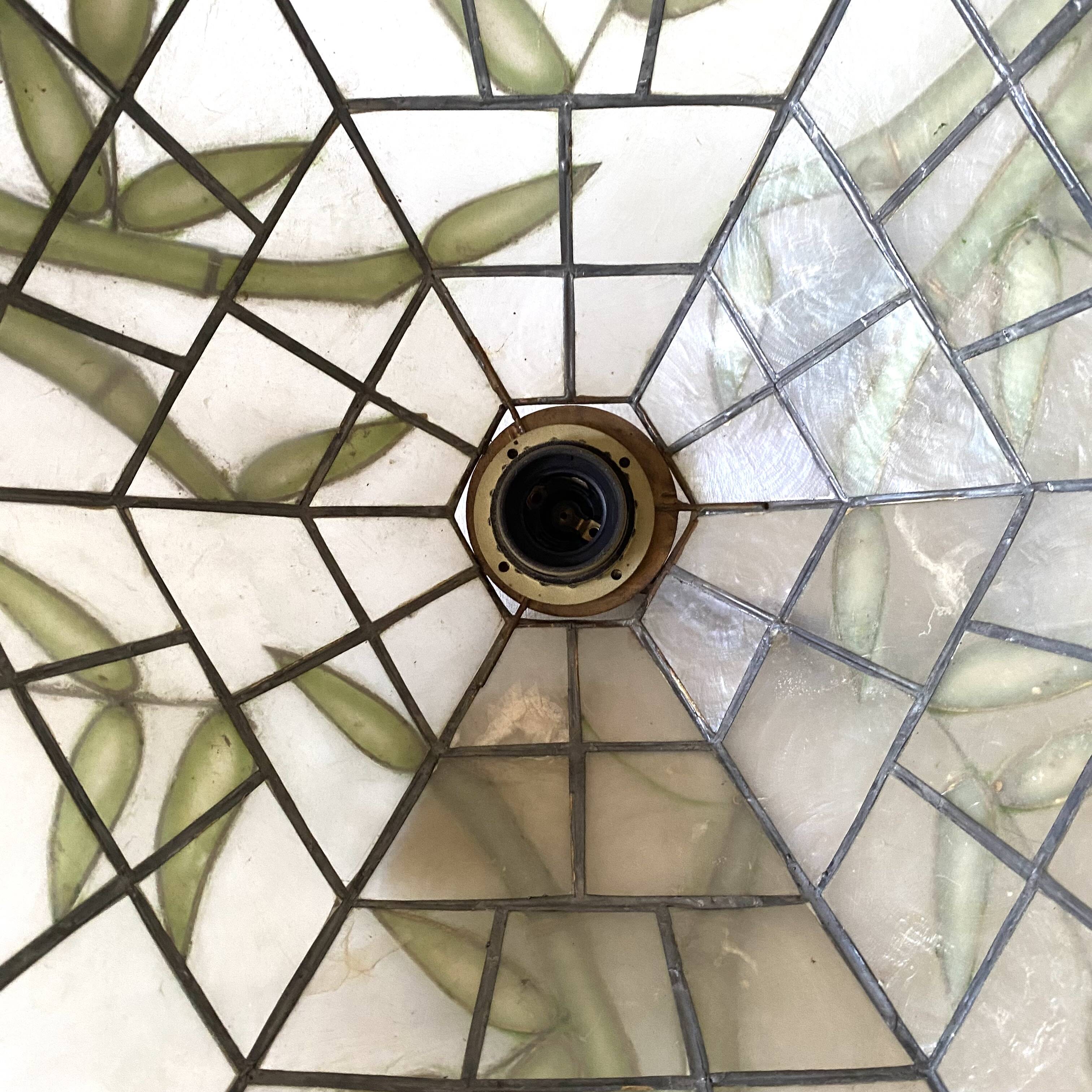Pendant lamp in mother-of-pearl and brass with bamboo decor