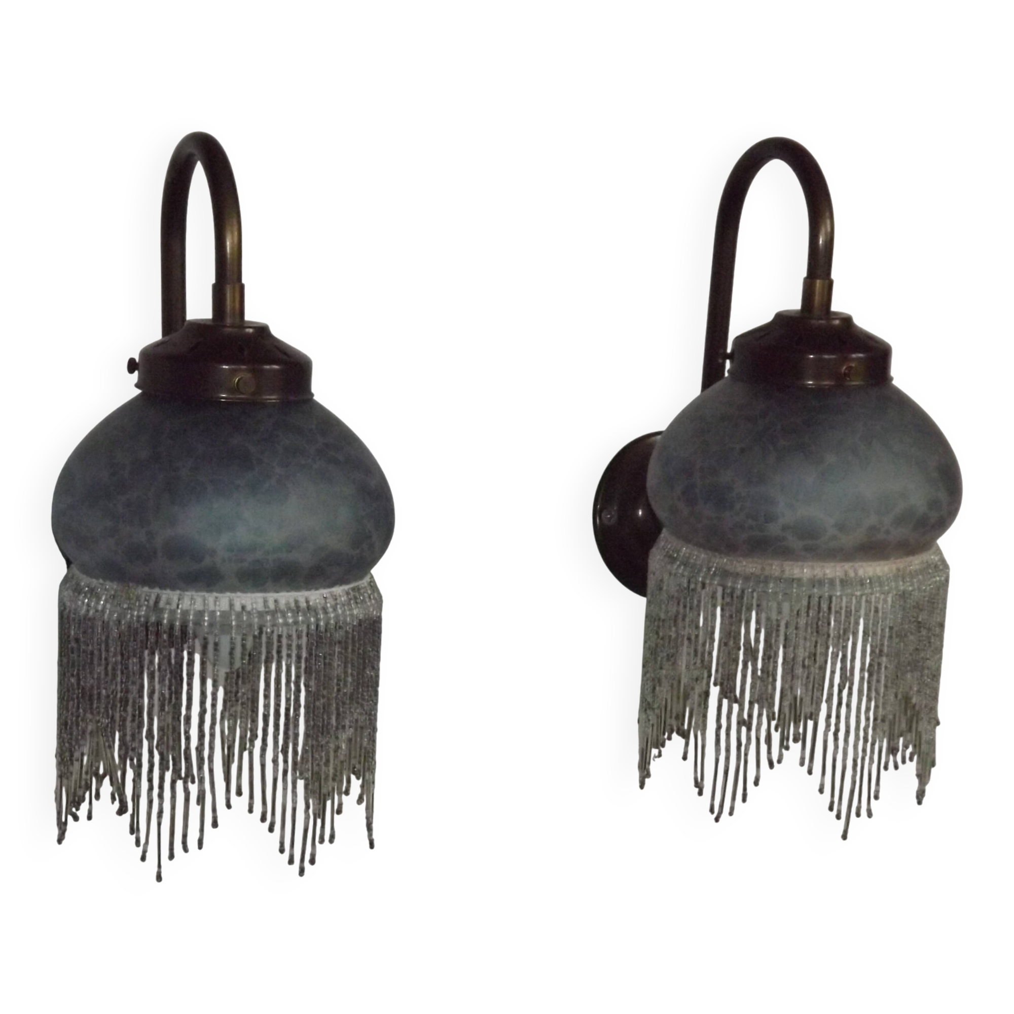 Pair French Vintage Mottled Glass Single Wall Lights Beaded Fringed Shade