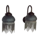 Pair French Vintage Mottled Glass Single Wall Lights Beaded Fringed Shade
