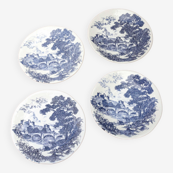 4 blue Gien plates with castle village bridge decor