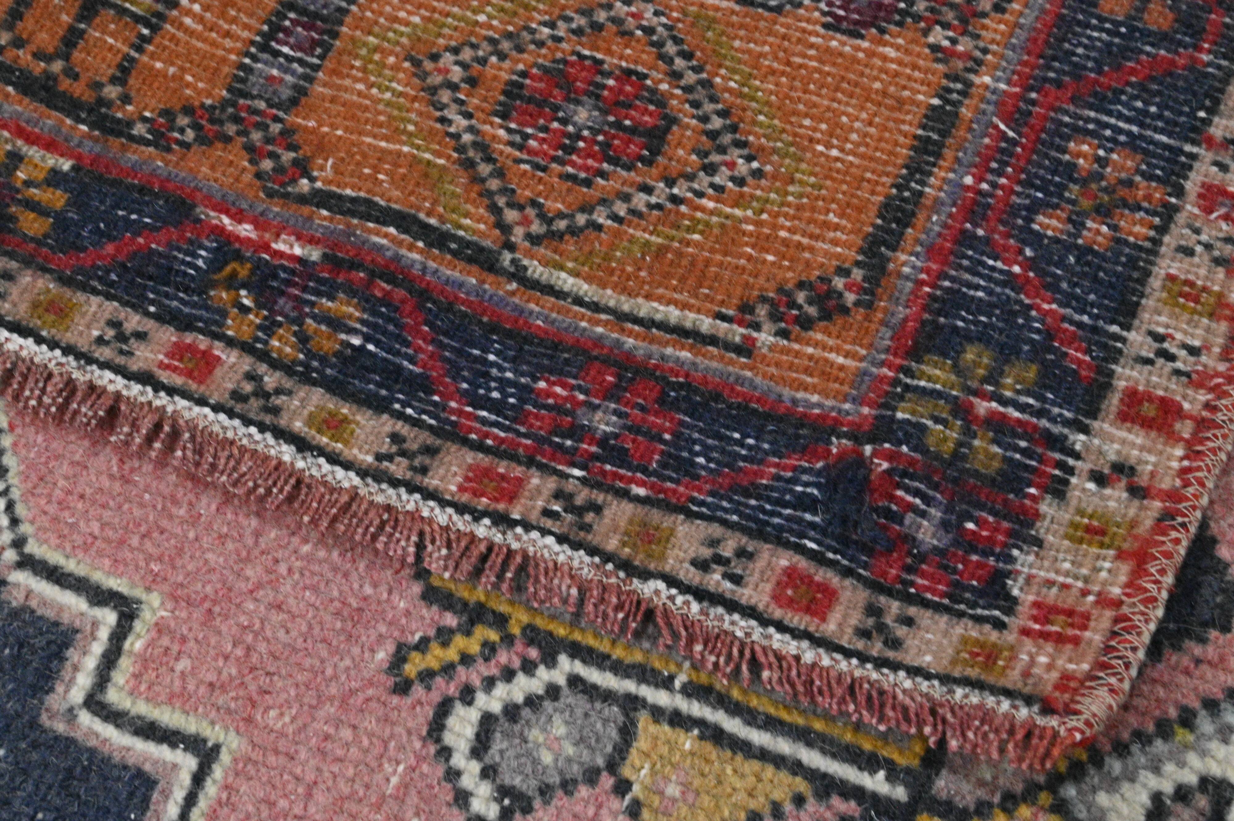 Vintage Turkish rug 134x240 cm, pink and navy blue tones, handmade wool