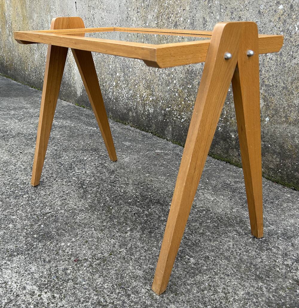 Small coffee table, wood, compass legs and mirror, vintage, 1960s