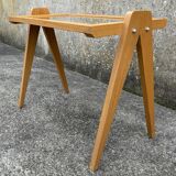 Small coffee table, wood, compass legs and mirror, vintage, 1960s