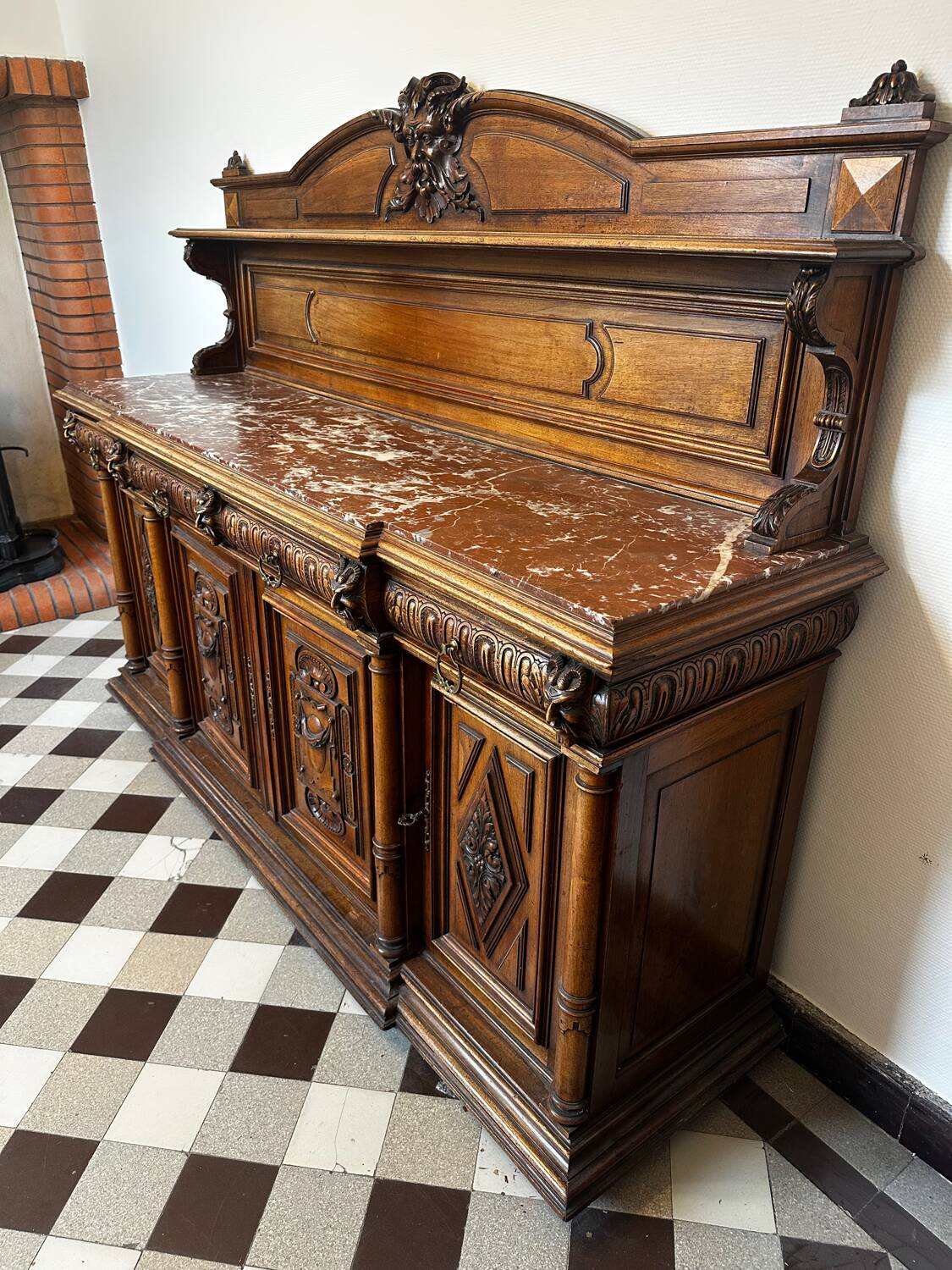 Two-part Renaissance-style buffet - Solid oak & marble, late 19th century