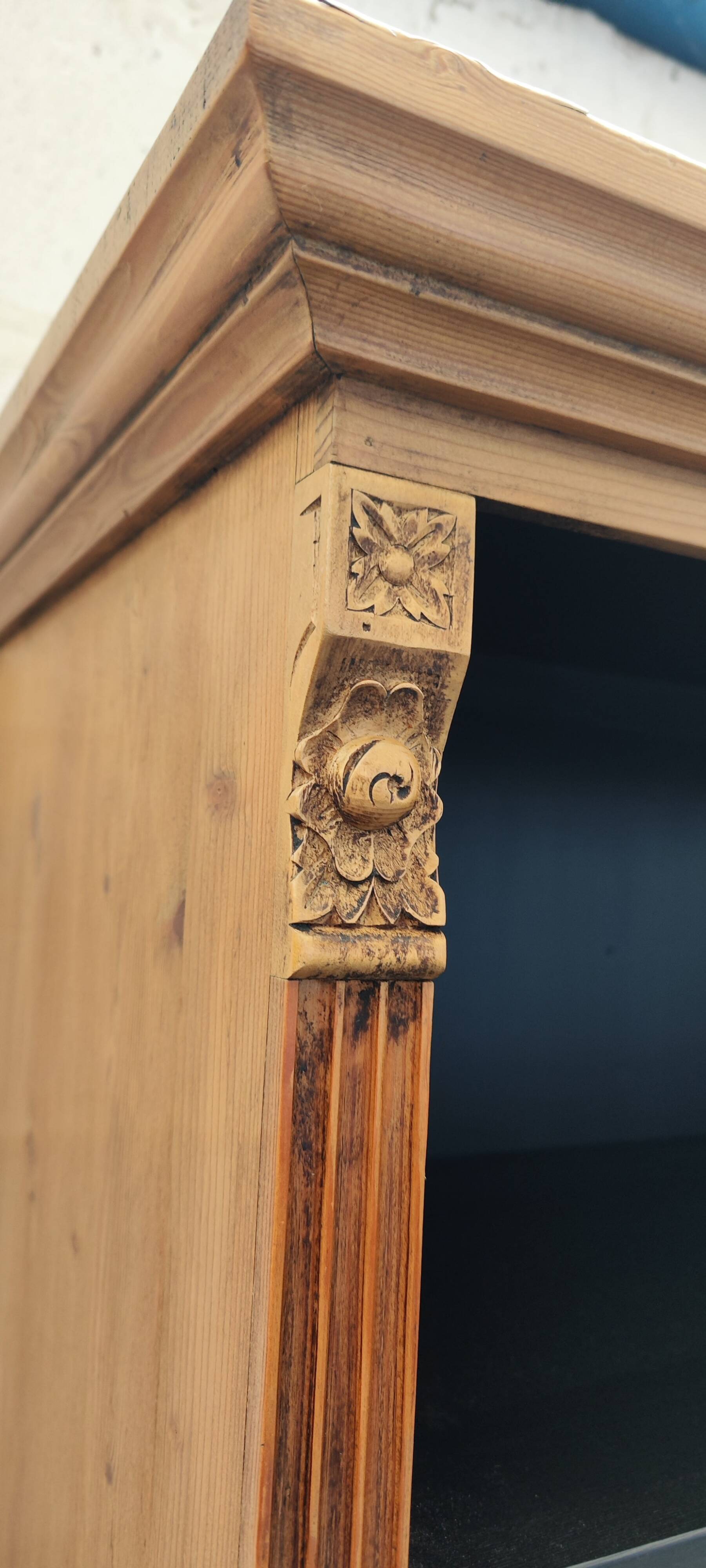 Large waxed pine bookcase with two doors