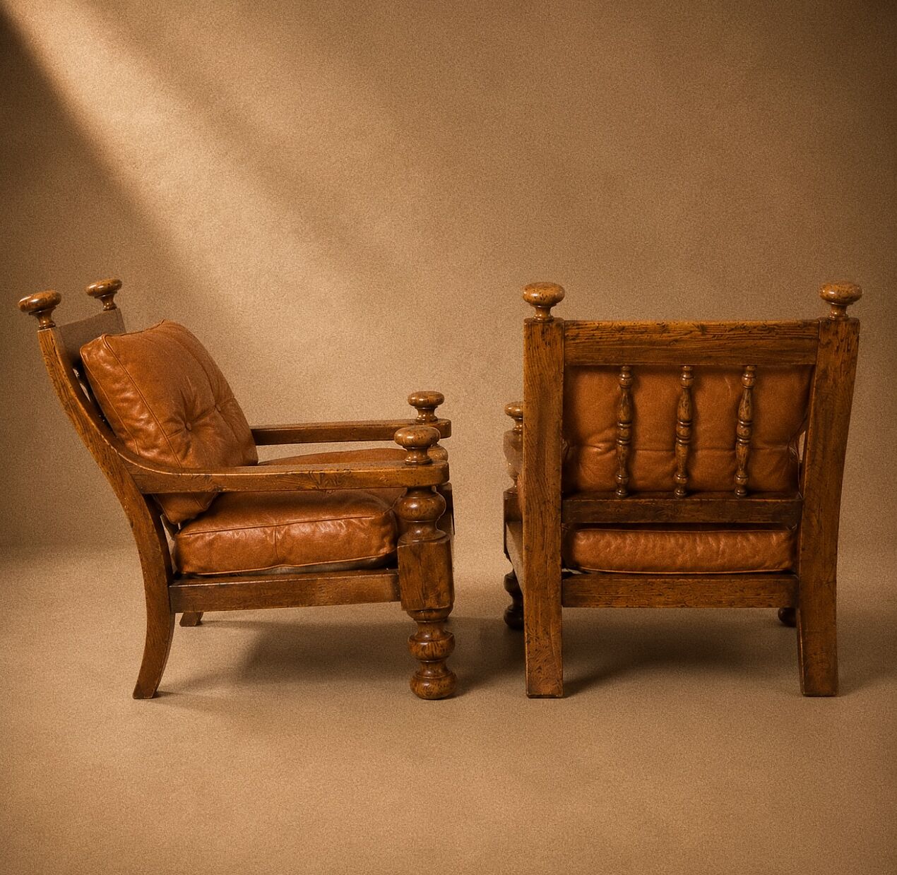 Paire Fauteuils brutalistes cuir / chêne scandinave Circa 1960