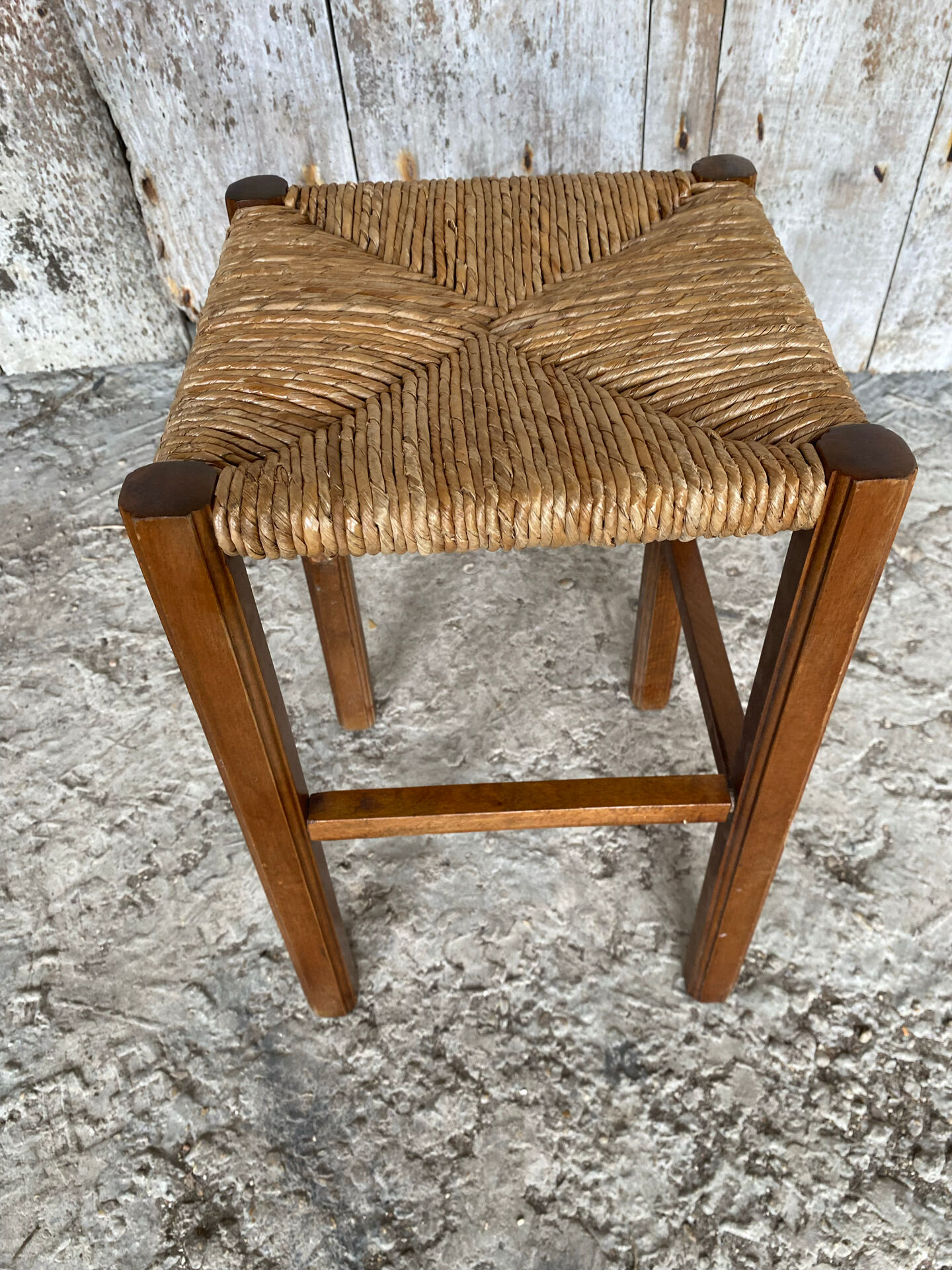 Antique Carved Wood Stool + Vintage Straw Seat #E099