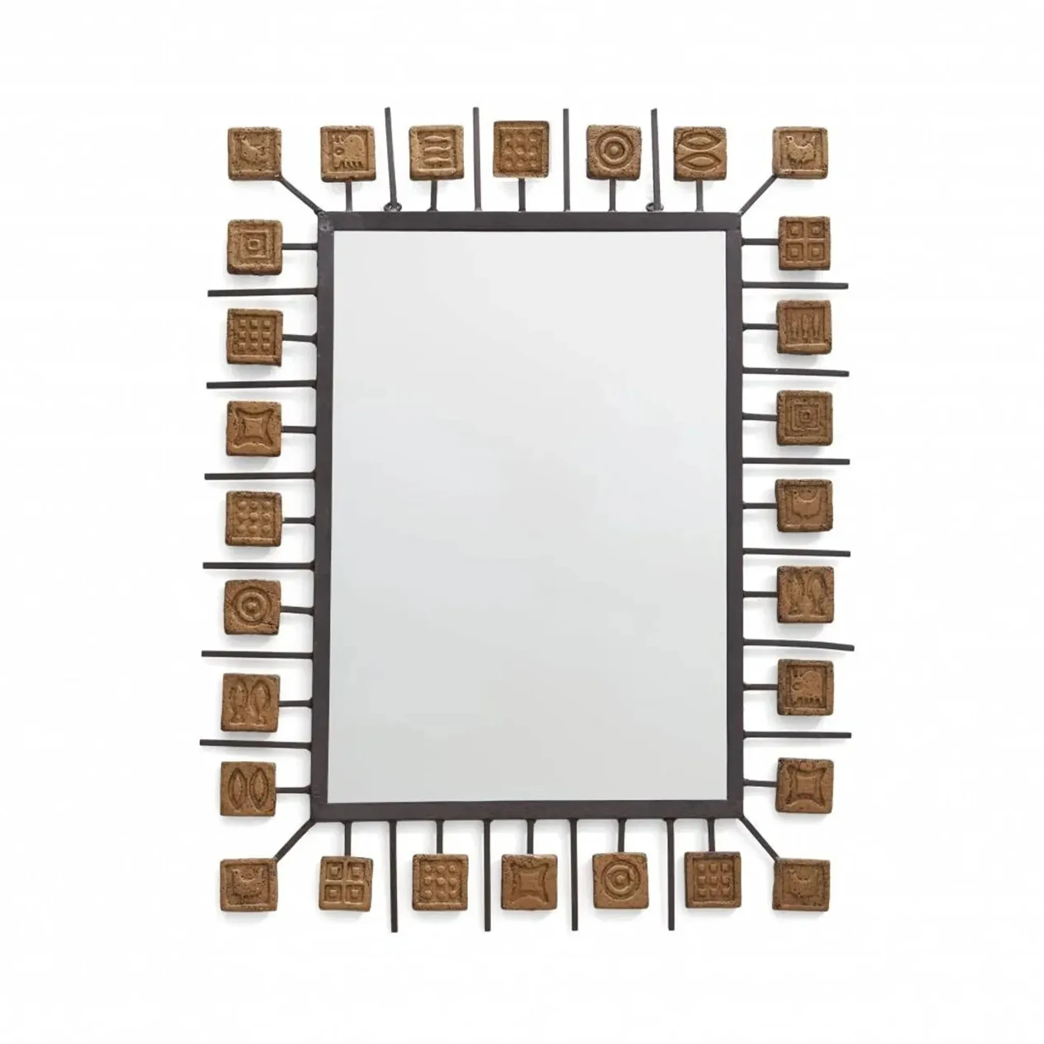 Rectangular brutalist mirror in wrought iron and terracotta tiles.