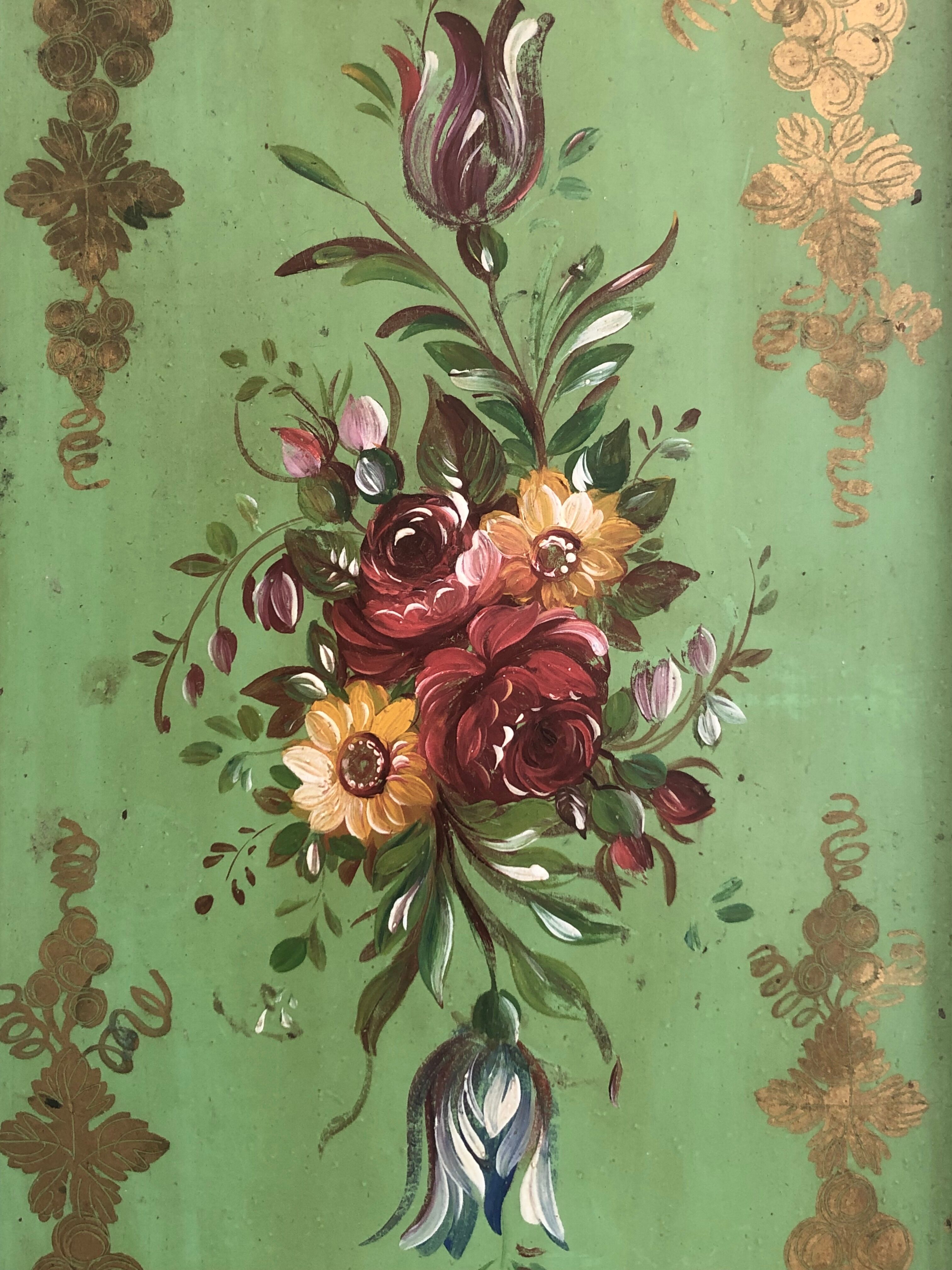 Large Napoleon III tray, painted sheet metal, floral motif
